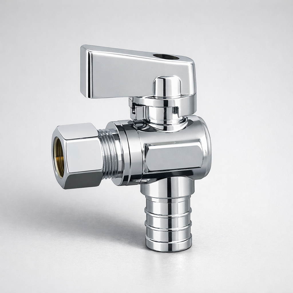Chrome-plated quarter-turn angle stop valve with 1/2-inch PEX inlet and 3/8-inch compression outlet