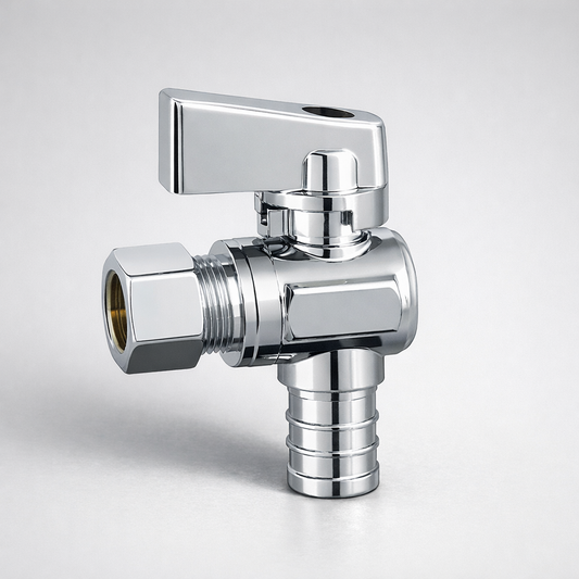 Chrome-plated quarter-turn angle stop valve with 1/2-inch PEX inlet and 3/8-inch compression outlet