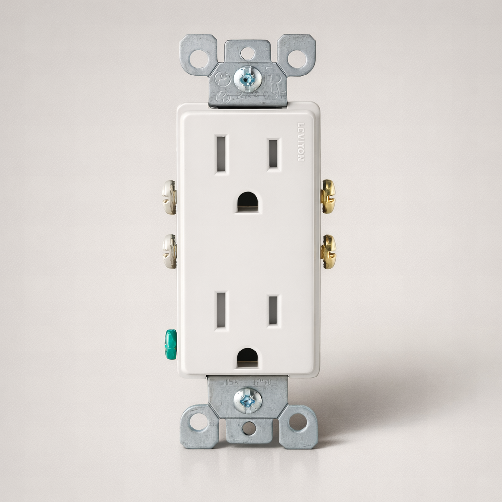 Leviton 15A tamper-resistant white duplex receptacle, NEMA 5-15R, contractor 10-pack.