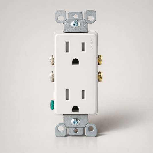 Leviton 15A tamper-resistant white duplex receptacle, NEMA 5-15R, contractor 10-pack.