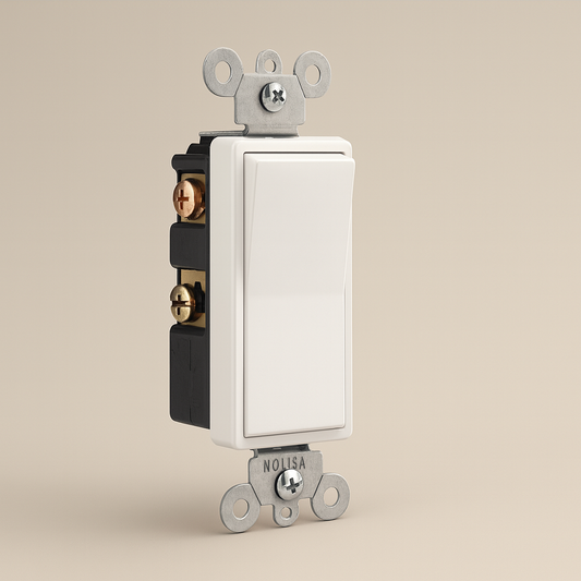 Nodexa Decora 3-way rocker switch in white, 15A, self-grounding.