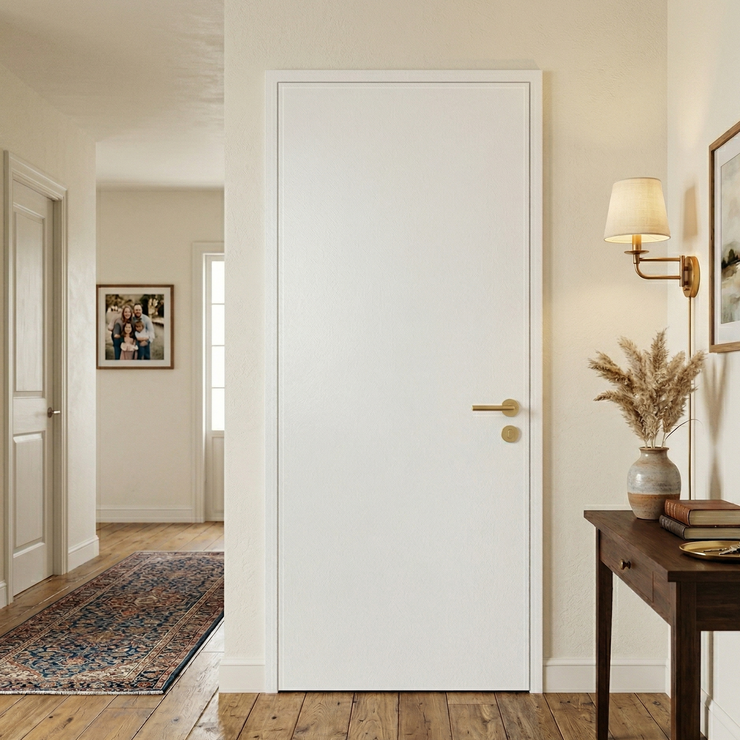 Modern interior design of a hallway with a white door, wooden floor, and decorative elements.