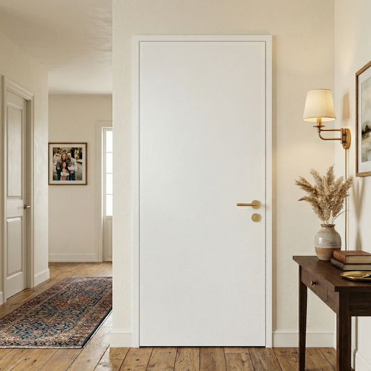 Modern interior design of a hallway with a white door, wooden floor, and decorative elements.