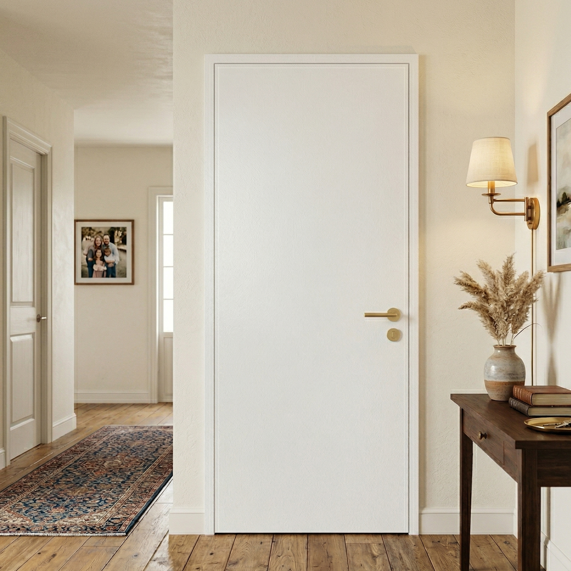 Flush hollow core interior door slab in smooth primed white, hung in a hallway