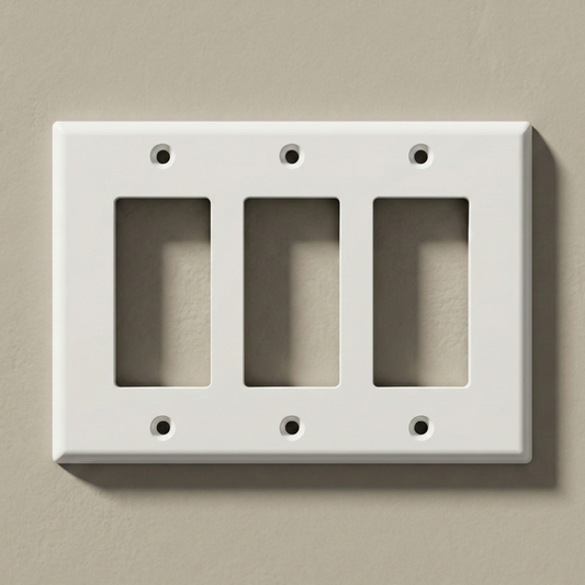 Nodexa Decora three-gang wall plate shown in standard and midway trim sizes.