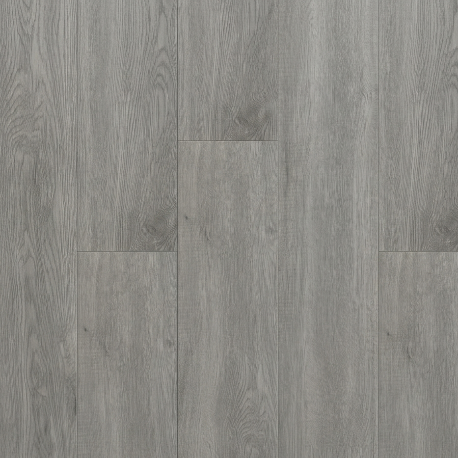 Gray wood-patterned flooring with a starburst design element.