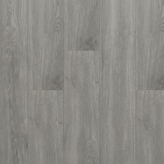 Gray wood-patterned flooring with a starburst design element.