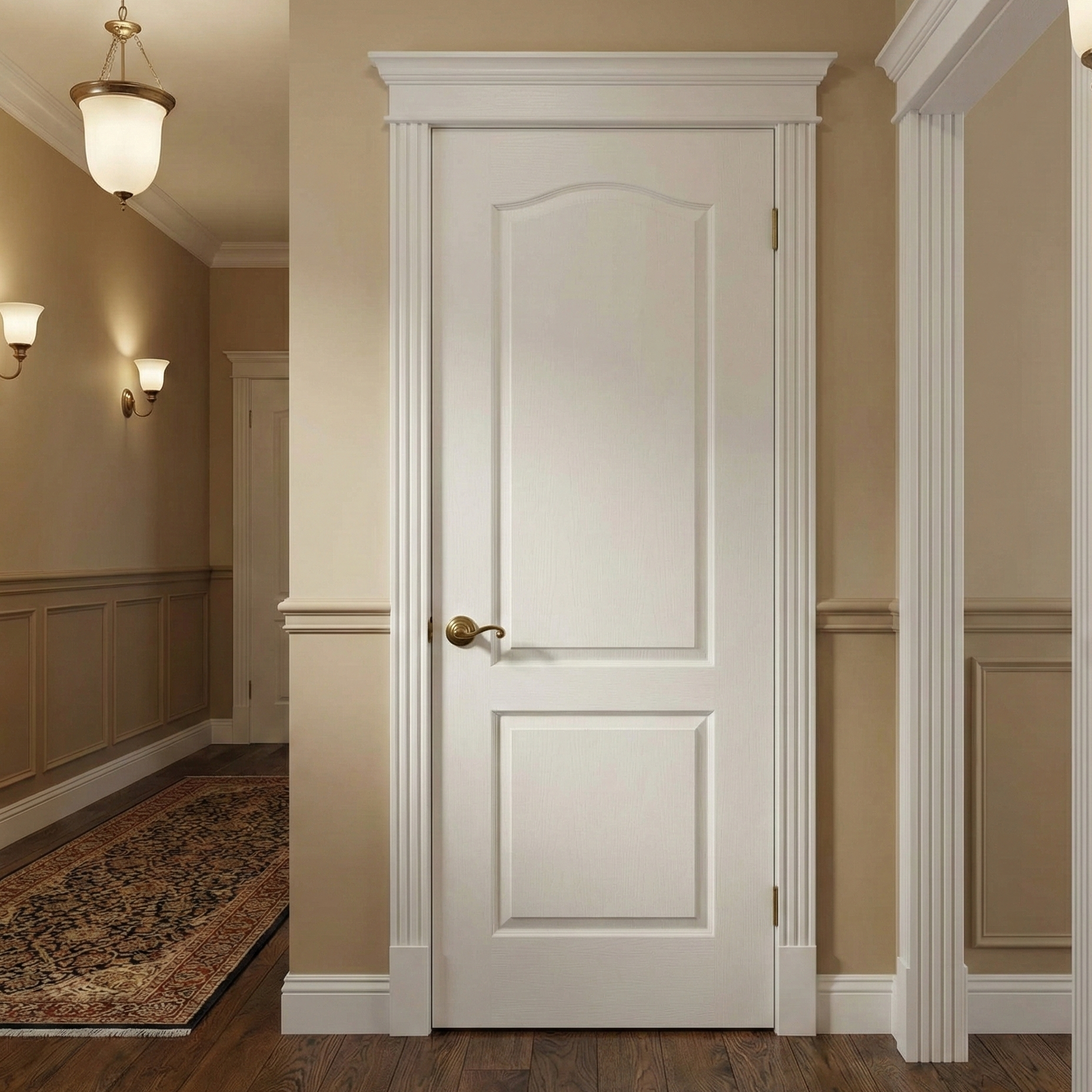 2-panel arch top hollow core interior door slab in primed white, front view