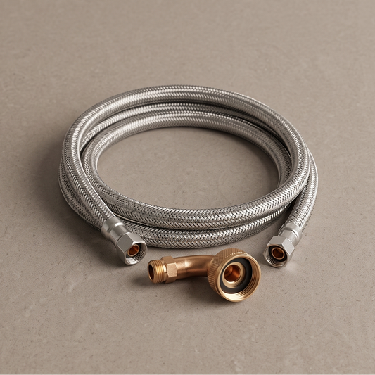 72″ Dishwasher Connector with Elbow — 3/8″ Comp × 3/4″ FGH, Braided Stainless