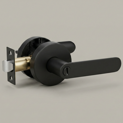 Satin nickel flat bar interior door lever, three-quarter view, round rosette.