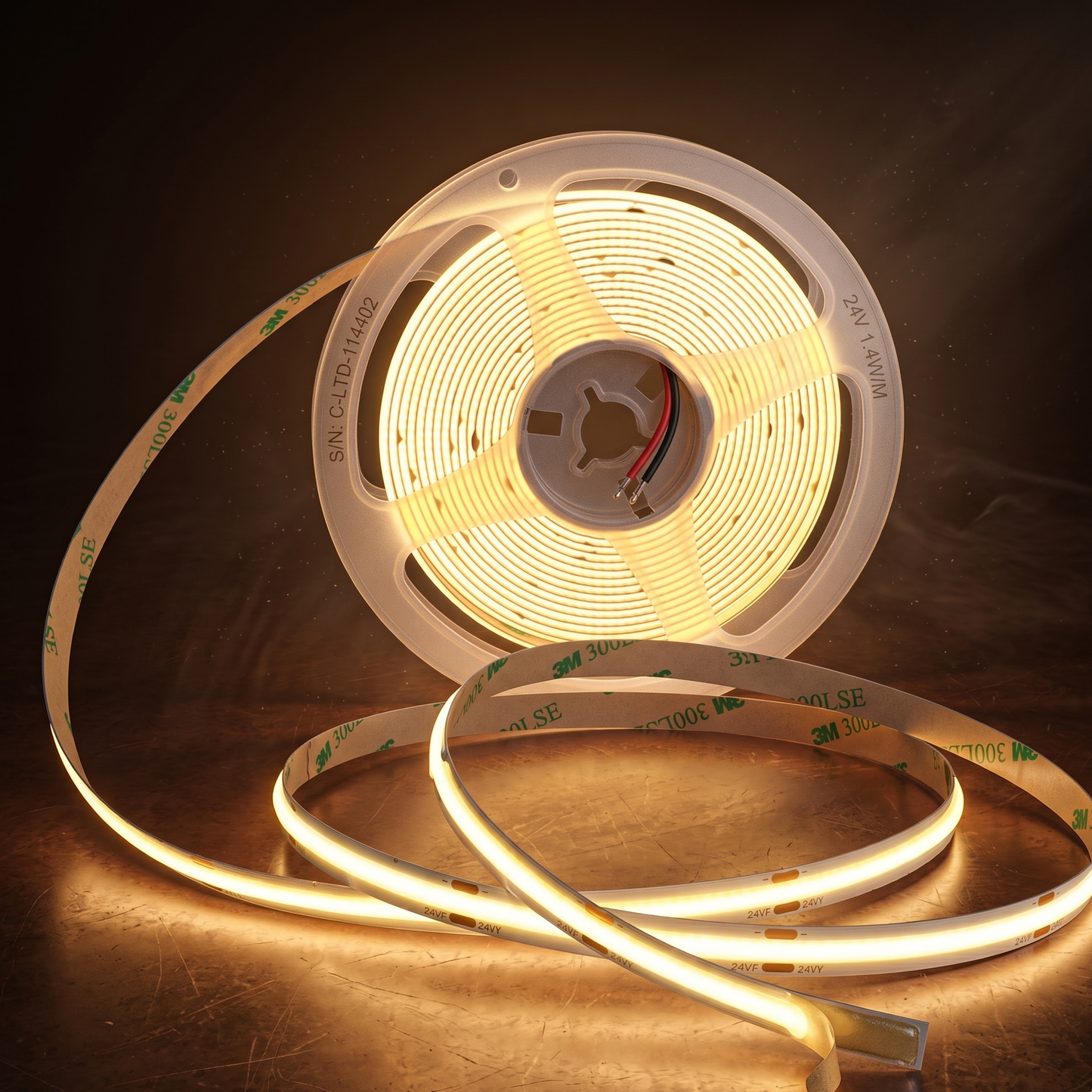 Luvelle COB LED strip light reel, 480 chips per metre dotless flexible tape, 24V