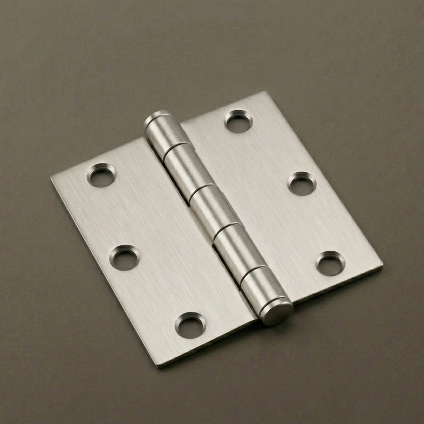 Metallic door hinge on a brown background