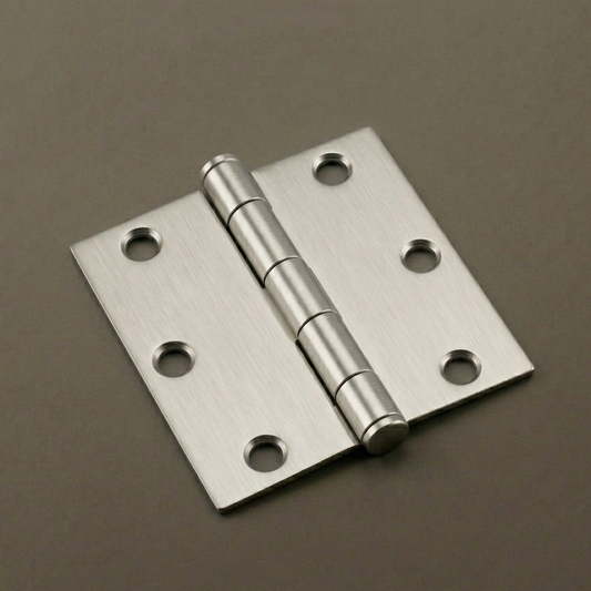 Metallic door hinge on a brown background