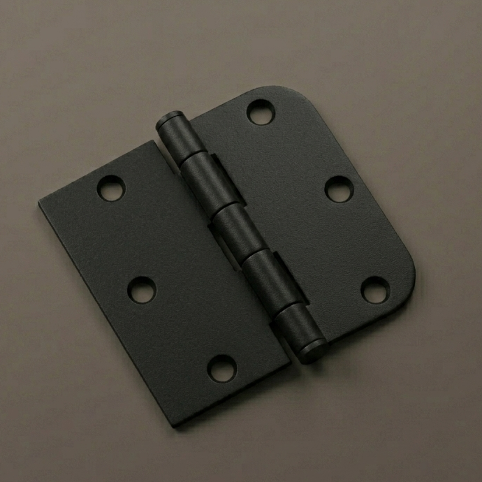 Black metal hinge on a brown background