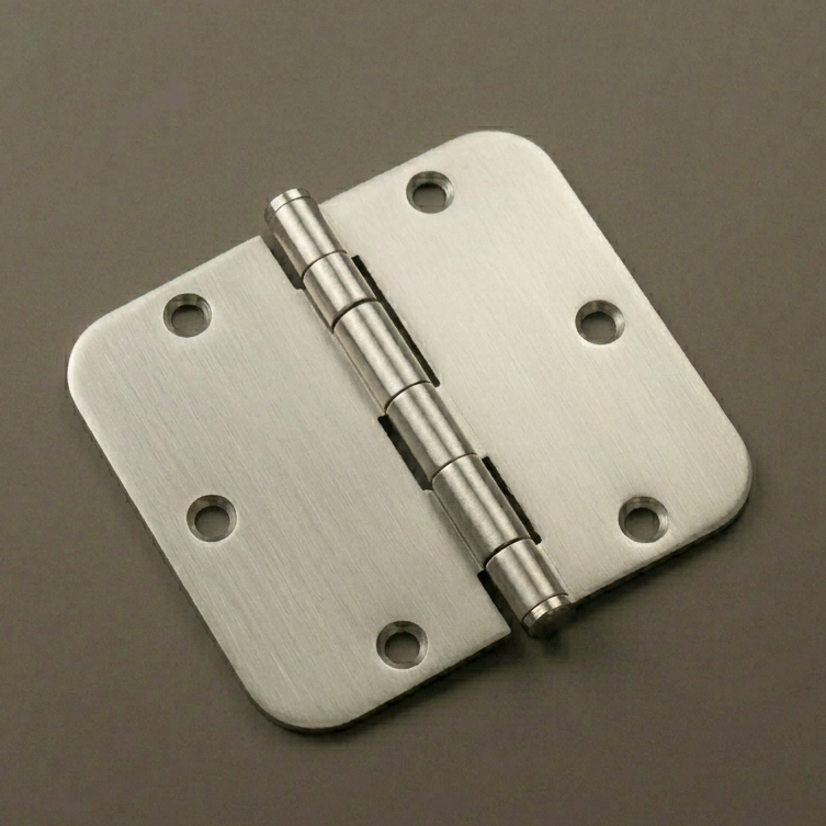 Metallic door hinge on a brown background