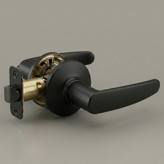 Vellum Hardware AeroCurve door lever in satin nickel, round rosette, side profile showing the snag-free return curve