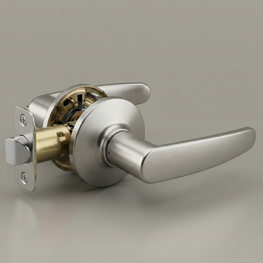 Vellum Hardware AeroCurve door lever in matte black on a white door, curved handle facing right