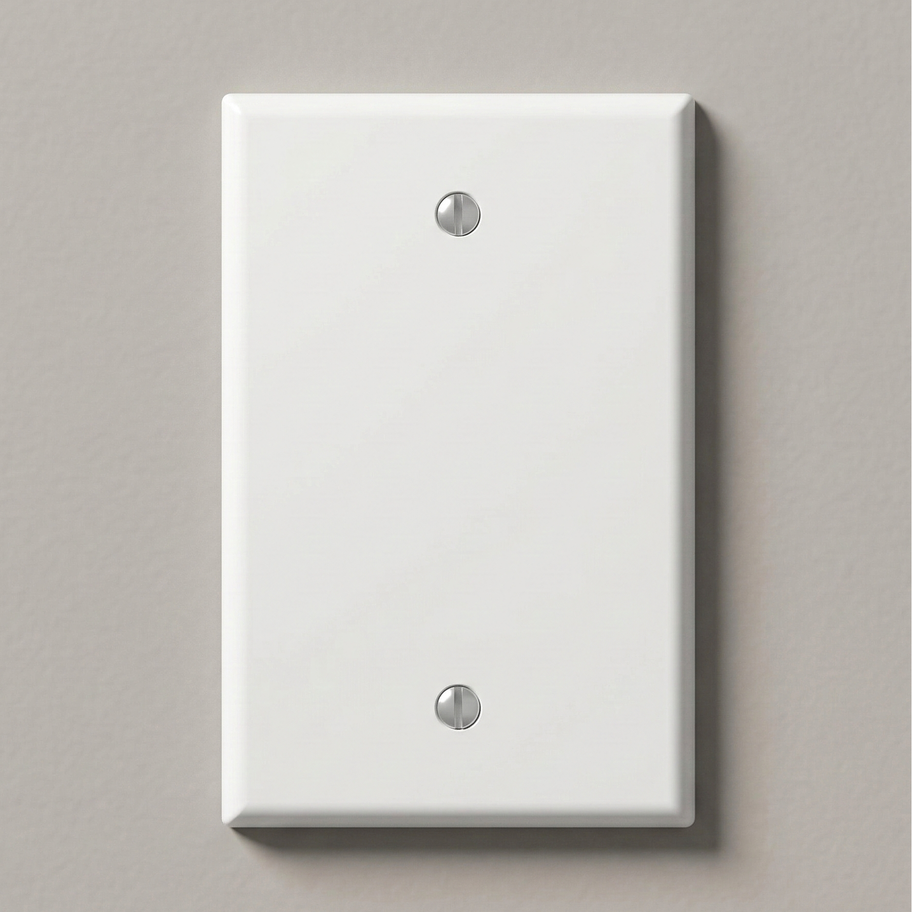 Midway/Standard White Variant: A stark, minimalist white blank wall plate with a smooth thermoplastic nylon finish and two vertically aligned, color-matched mounting screws, demonstrating precise geometric harmony against a neutral interior wall.