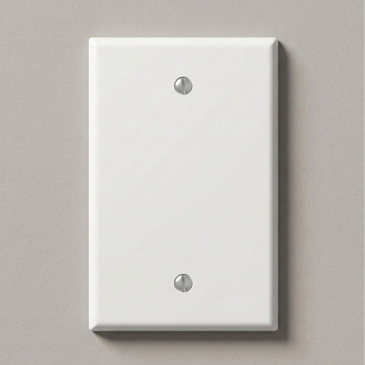 Midway/Standard White Variant: A stark, minimalist white blank wall plate with a smooth thermoplastic nylon finish and two vertically aligned, color-matched mounting screws, demonstrating precise geometric harmony against a neutral interior wall.