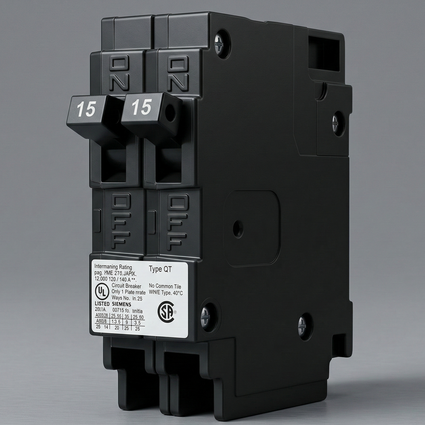 15-Amp Variant: A front-facing view of the Siemens Q1515 Type QT twin circuit breaker, showcasing its monolithic black casing and dual 15-amp toggles engineered for precise spatial efficiency.