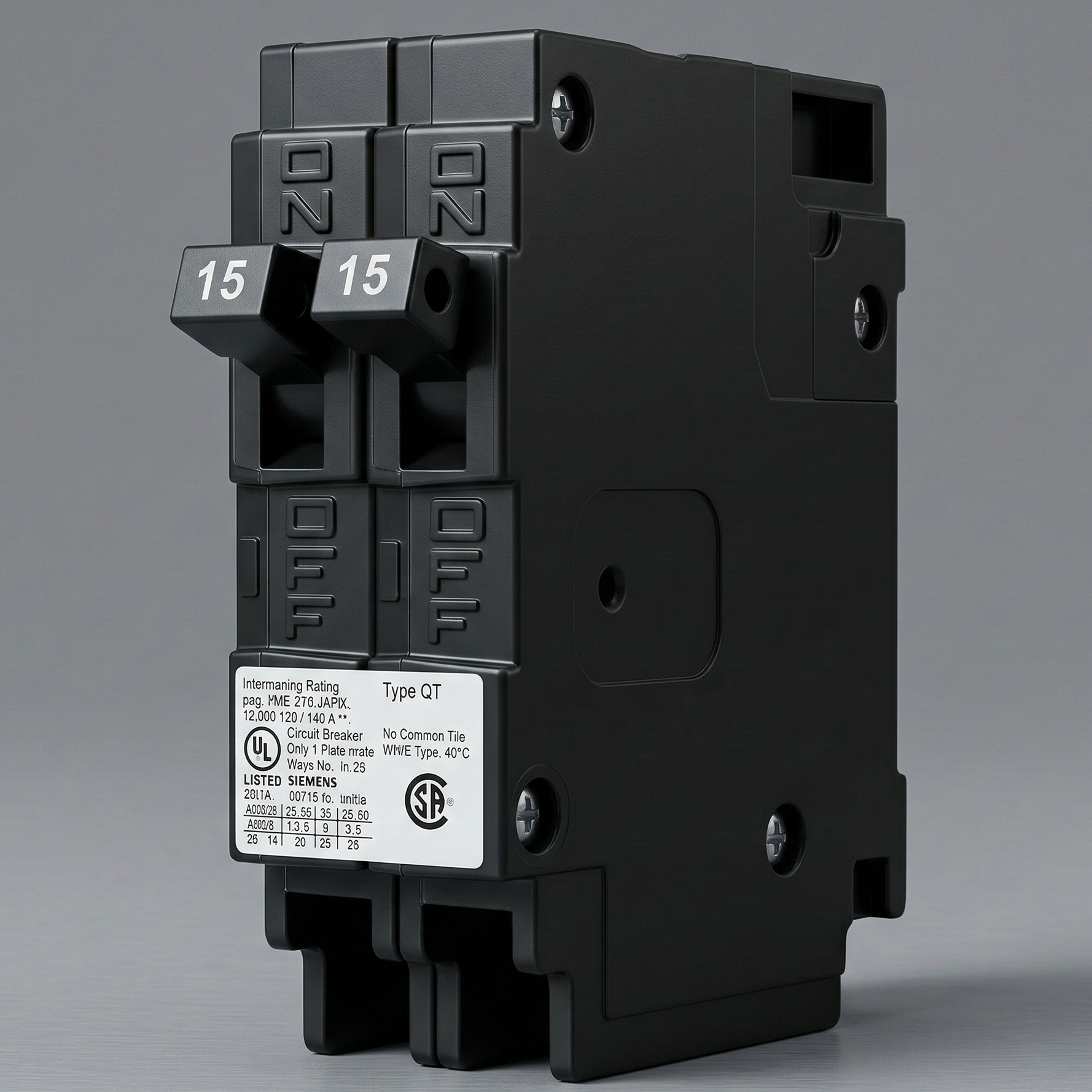 15-Amp Variant: A front-facing view of the Siemens Q1515 Type QT twin circuit breaker, showcasing its monolithic black casing and dual 15-amp toggles engineered for precise spatial efficiency.