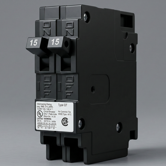Siemens Q1515 twin 15-amp Type QT tandem circuit breaker, black casing with two 15A toggles in a single-slot footprint.