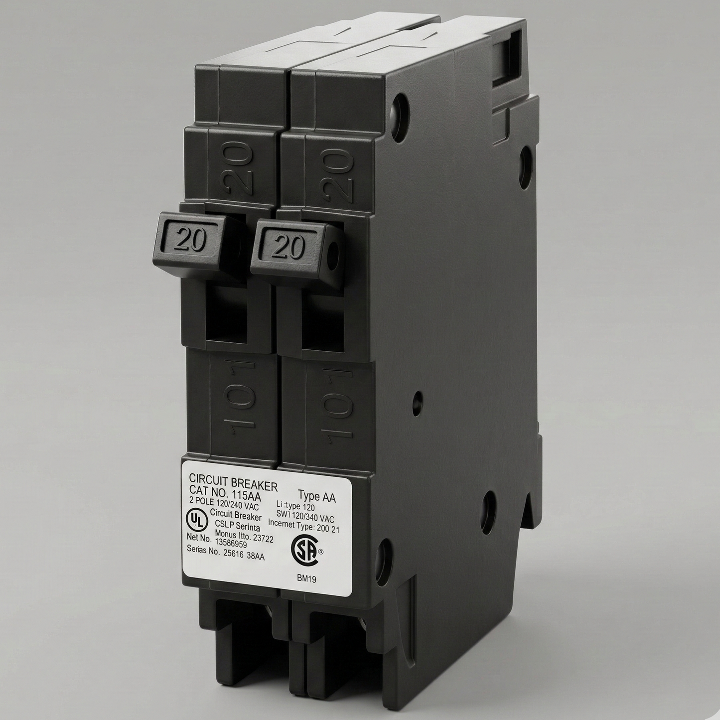 Standard Q2020 Variant: Close-up, angled product shot of the Siemens Q2020 twin single-pole 20-amp tandem circuit breaker, showcasing its black polymer casing, dual toggle switches, and Type QT plug-in connection interface.