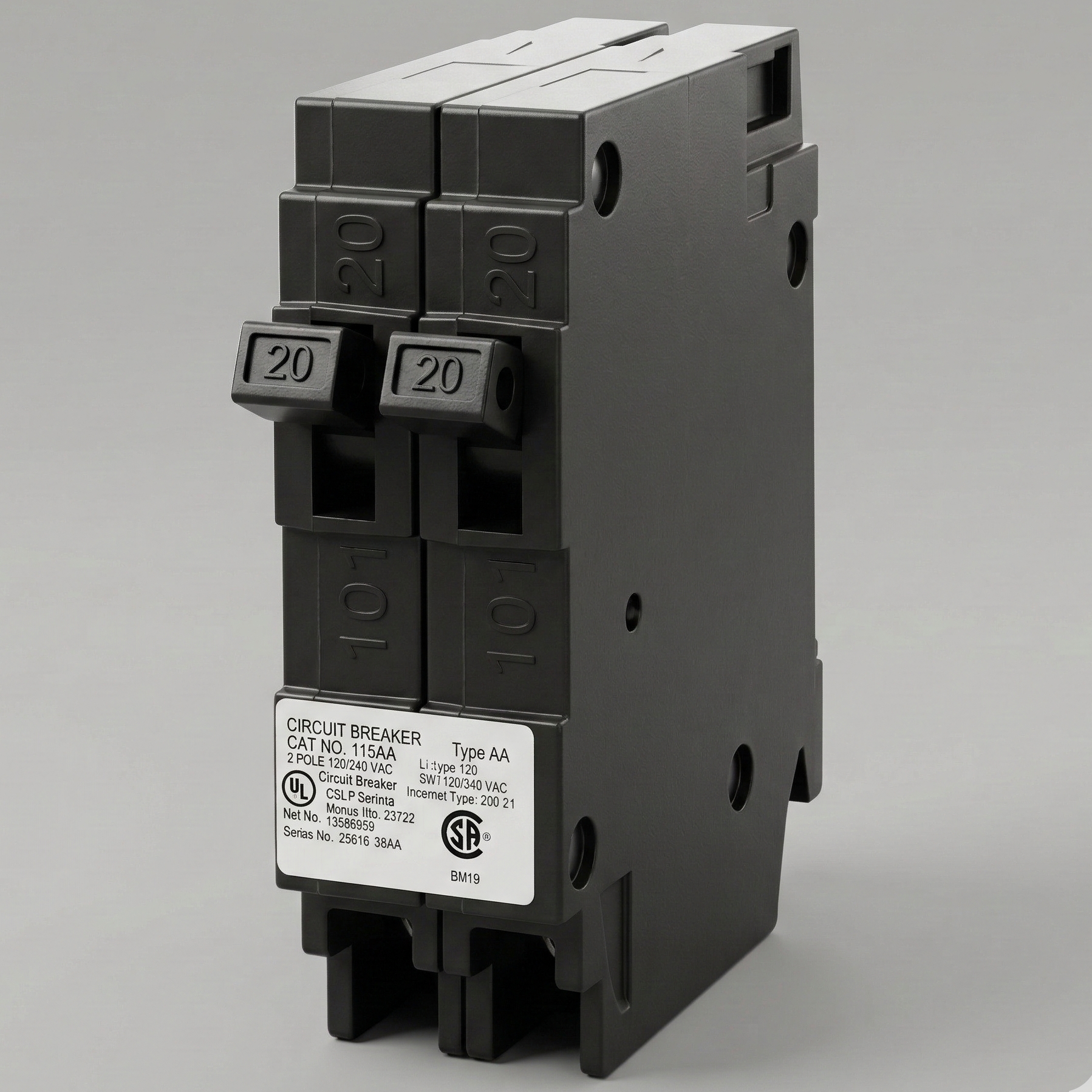 Standard Q2020 Variant: Close-up, angled product shot of the Siemens Q2020 twin single-pole 20-amp tandem circuit breaker, showcasing its black polymer casing, dual toggle switches, and Type QT plug-in connection interface.