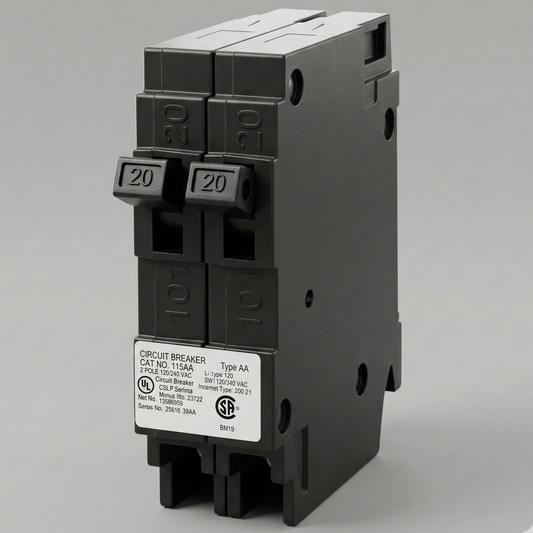 Siemens Q2020 twin 20-amp Type QT tandem circuit breaker, black casing with two 20A toggles in a single-slot footprint.