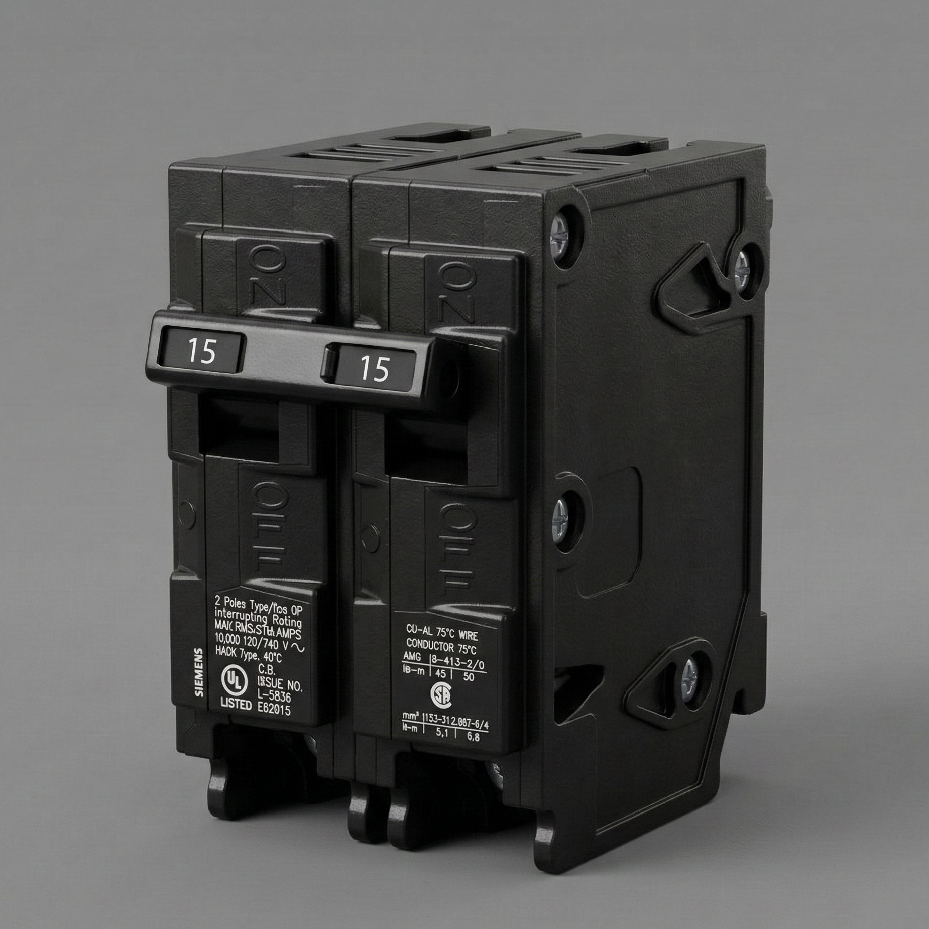 Matte Black Variant: High-resolution studio photograph of a Siemens Q215 15-Amp double-pole circuit breaker, showcasing its monolithic matte black housing, dual toggle switches labeled 15, and distinct architectural geometry.