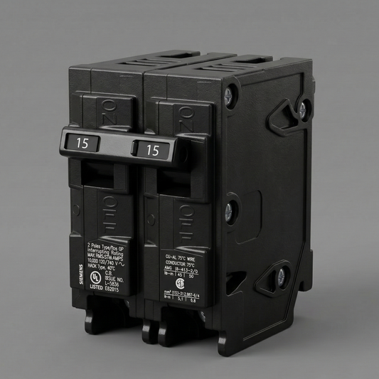 Siemens Q215 15-amp 2-pole Type QP circuit breaker, black casing with dual 15A trip levers, for 240V residential circuits.