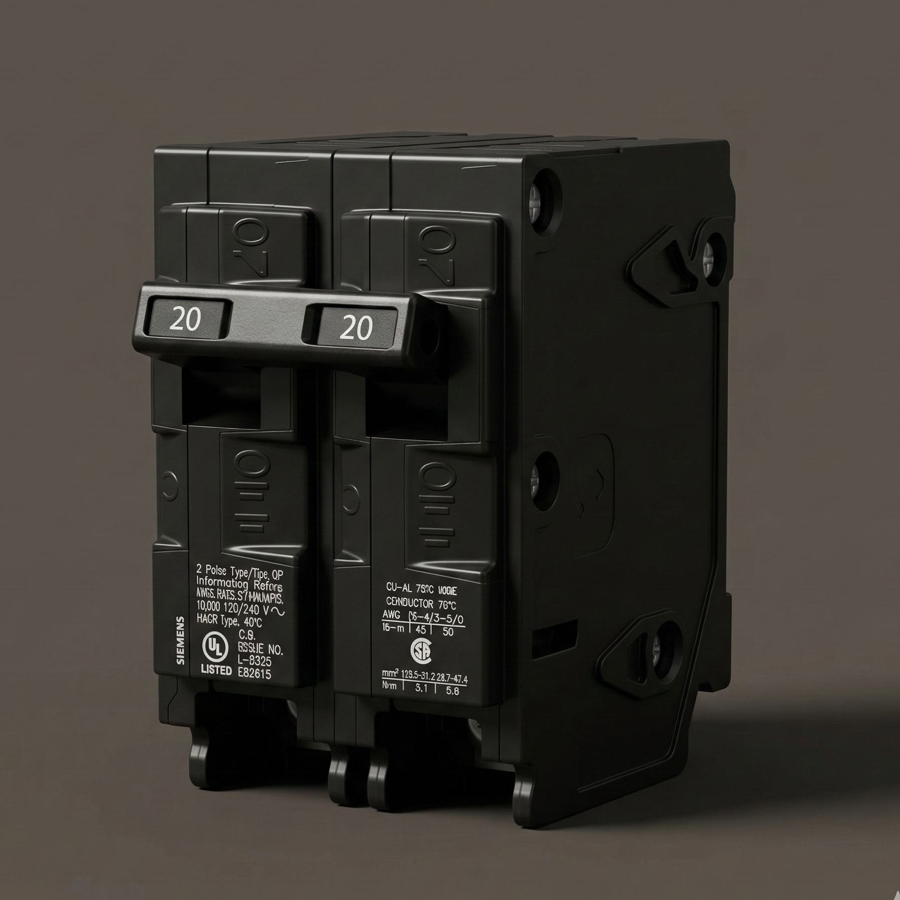 Matte Black Variant: A studio-lit, high-resolution rendering of the Siemens Q220 20-Amp Double-Pole circuit breaker, showcasing its monolithic matte black casing, dual 20-amp toggles, and precise geometric molding.