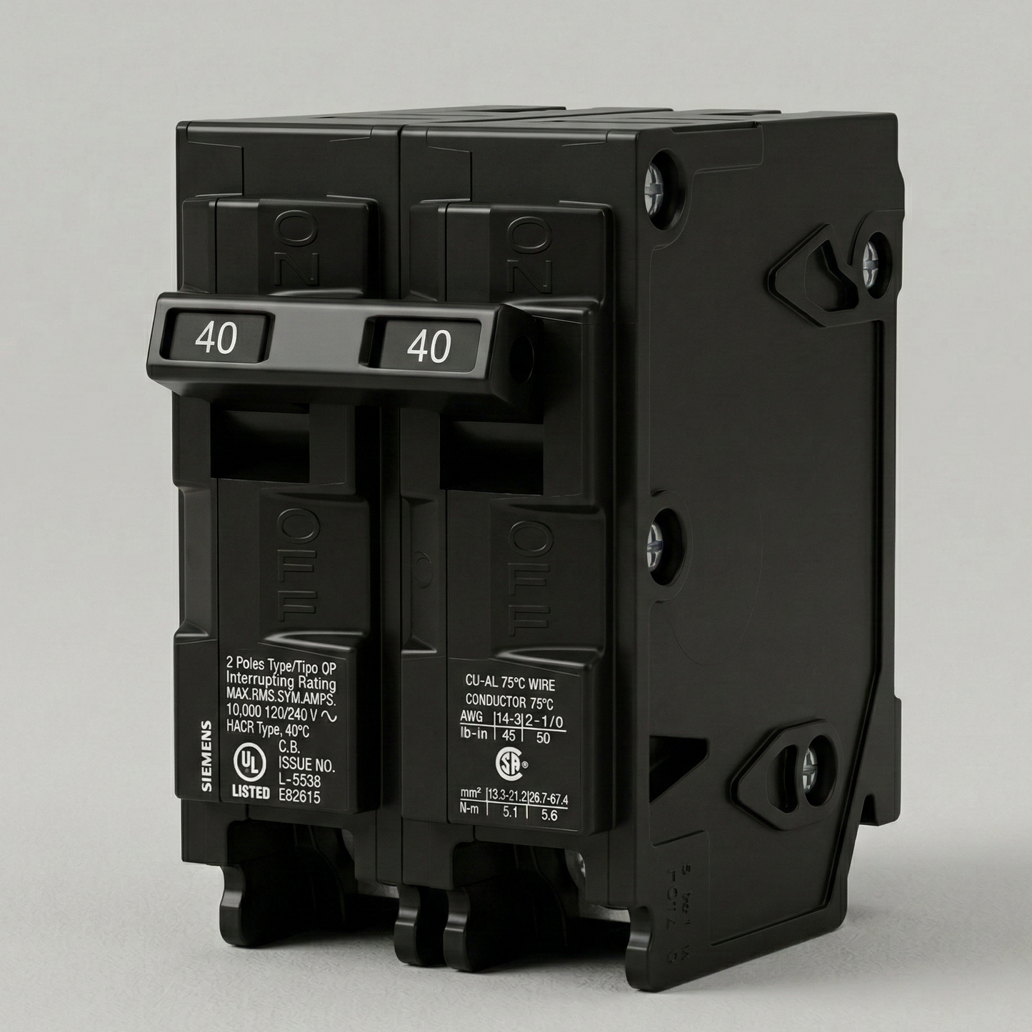 Matte Black Variant: [Siemens Q240 40-Amp double-pole circuit breaker featuring a monolithic matte black molded casing, twin tactile switches, and clear 40-amp indicator labels, showcasing its precision plug-in architectural design.]