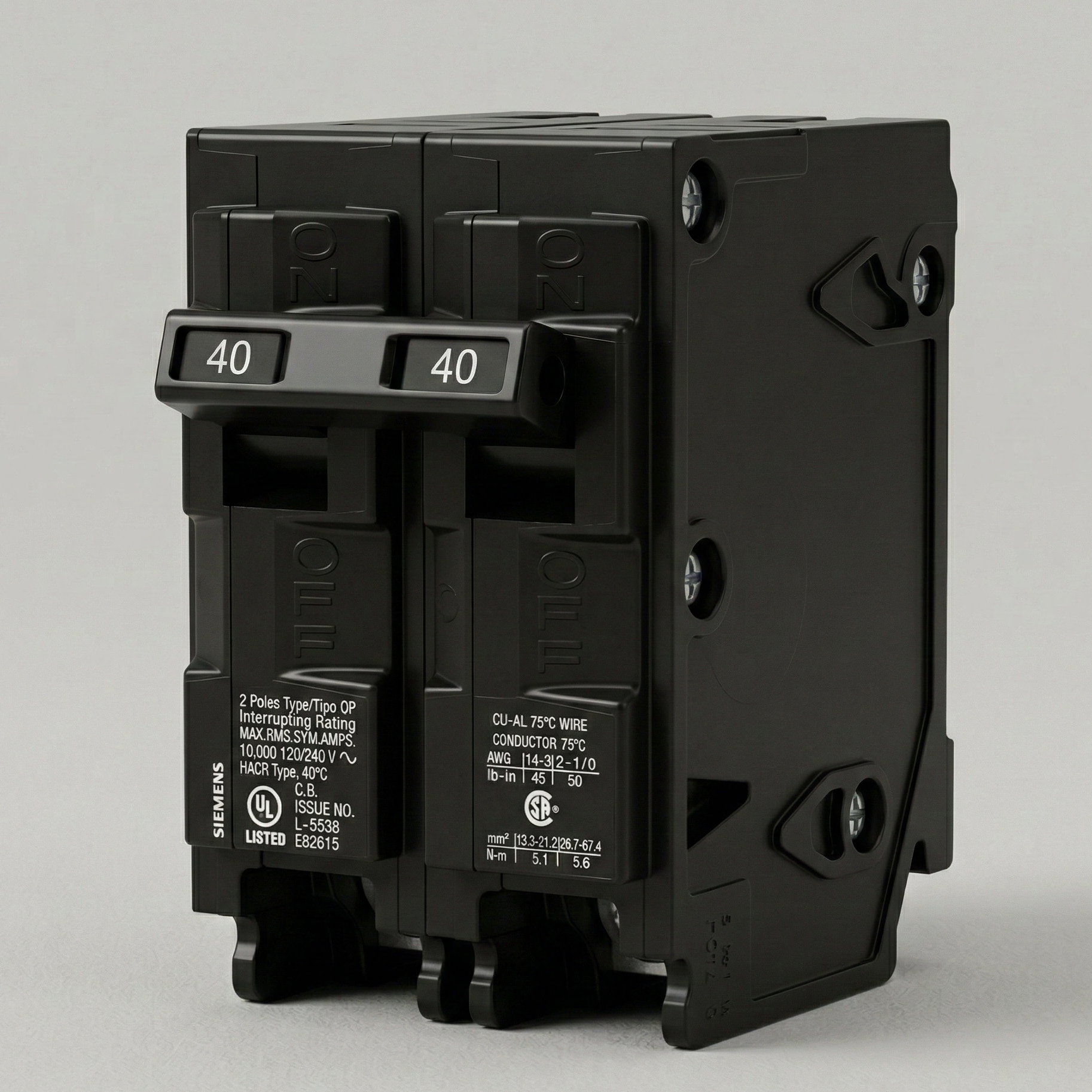Matte Black Variant: [Siemens Q240 40-Amp double-pole circuit breaker featuring a monolithic matte black molded casing, twin tactile switches, and clear 40-amp indicator labels, showcasing its precision plug-in architectural design.]
