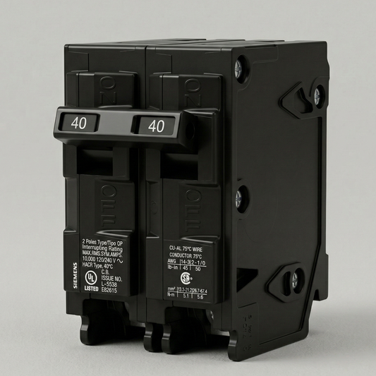 Siemens Q240 40-amp 2-pole Type QP circuit breaker, black casing with dual 40A trip levers, for 240V range and EV-charger circuits.