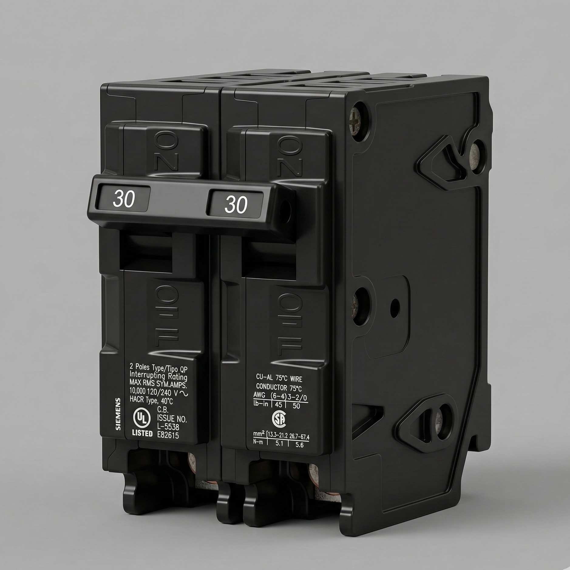 30-Amp Variant: Front, angled view of a black, monolithic Siemens Type QP 30-amp double-pole circuit breaker, showcasing its geometric switch toggles and clear UL and CSA certification typography on the side panel.