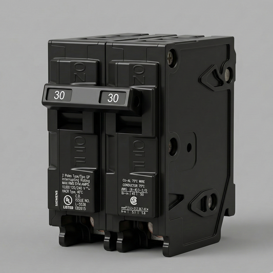 Siemens Q250 50-amp 2-pole Type QP circuit breaker, black casing with dual 50A trip levers, for 240V range, hot tub, and EV-charger circuits.