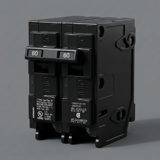 Siemens Q260 60-amp 2-pole Type QP circuit breaker, black casing with dual 60A trip levers, for 240V subpanel and EV-charger feeds.