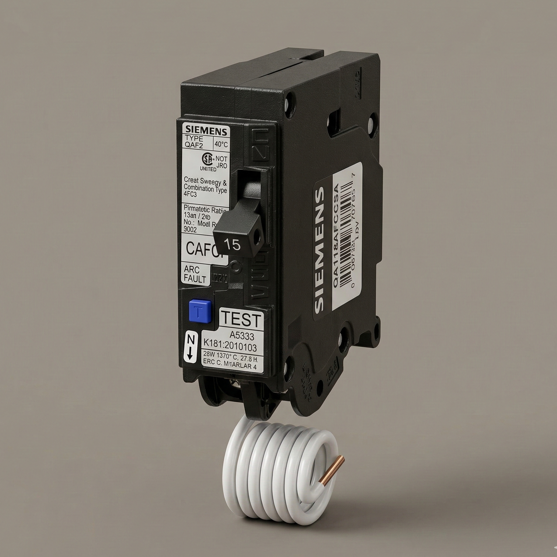 15-Amp Pigtail Variant: A monolithic black Siemens 15-Amp single-pole arc fault circuit breaker featuring a coiled white pigtail neutral wire and a distinct blue test button, presented against a pure white background.