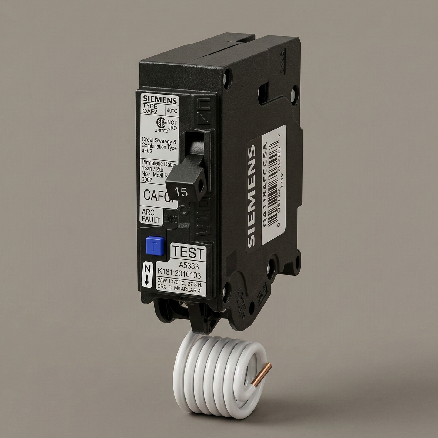 Single Module - New Variant: A pristine, matte black Siemens QA120AFCCSA 20-Amp single-pole Combination Arc Fault breaker, featuring an integrated white coiled neutral pigtail wire and blue test button, presented on a pure white background.