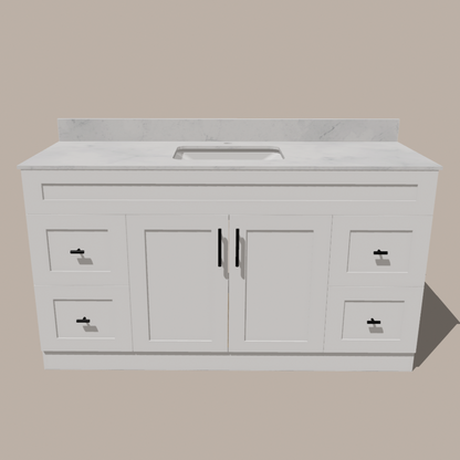 60-Inch Single Sink Shaker Bathroom Vanity — White or Gray | Plywood Cabinet, Solid-Wood Doors, Soft-Close 3-Way Clip-On Hinges | 4 Drawers, Center Double Doors