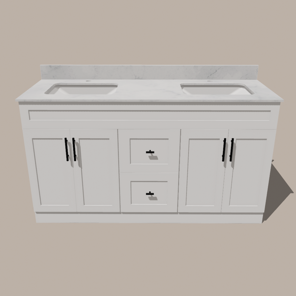72-Inch Double Sink Shaker Bathroom Vanity — White or Gray | Plywood Cabinet, Solid-Wood Doors, Soft-Close 3-Way Clip-On Hinges | Center 2 Drawers