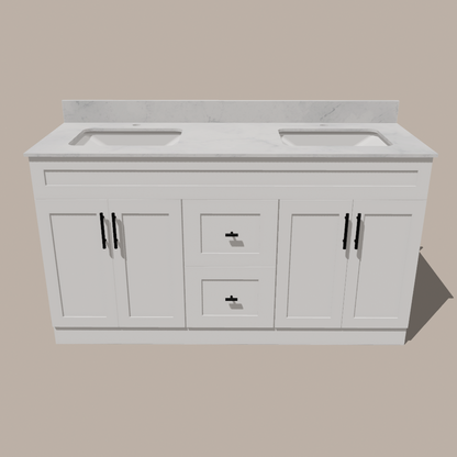 72-Inch Double Sink Shaker Bathroom Vanity — White or Gray | Plywood Cabinet, Solid-Wood Doors, Soft-Close 3-Way Clip-On Hinges | Center 2 Drawers