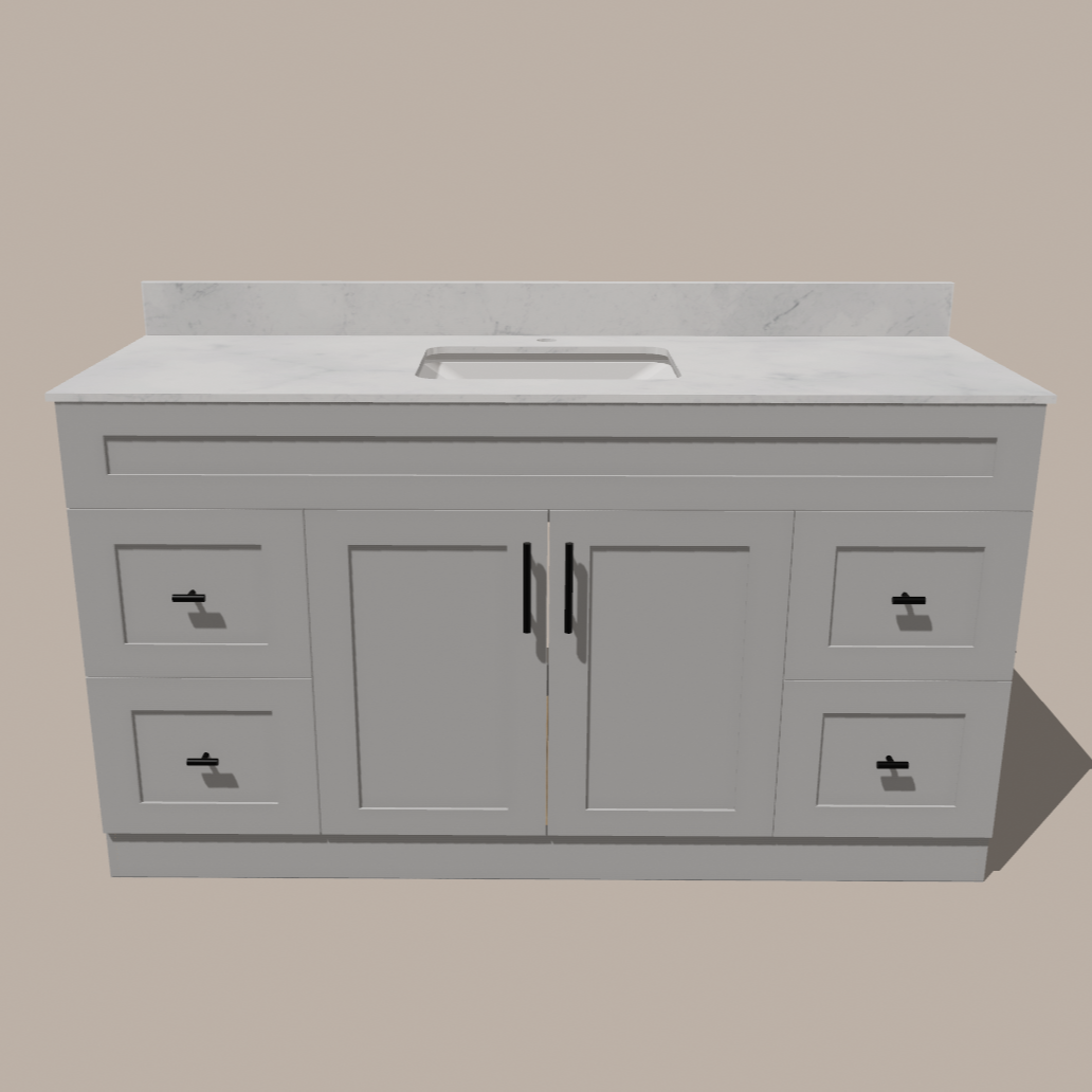 60-Inch Single Sink Shaker Bathroom Vanity — White or Gray | Plywood Cabinet, Solid-Wood Doors, Soft-Close 3-Way Clip-On Hinges | 4 Drawers, Center Double Doors