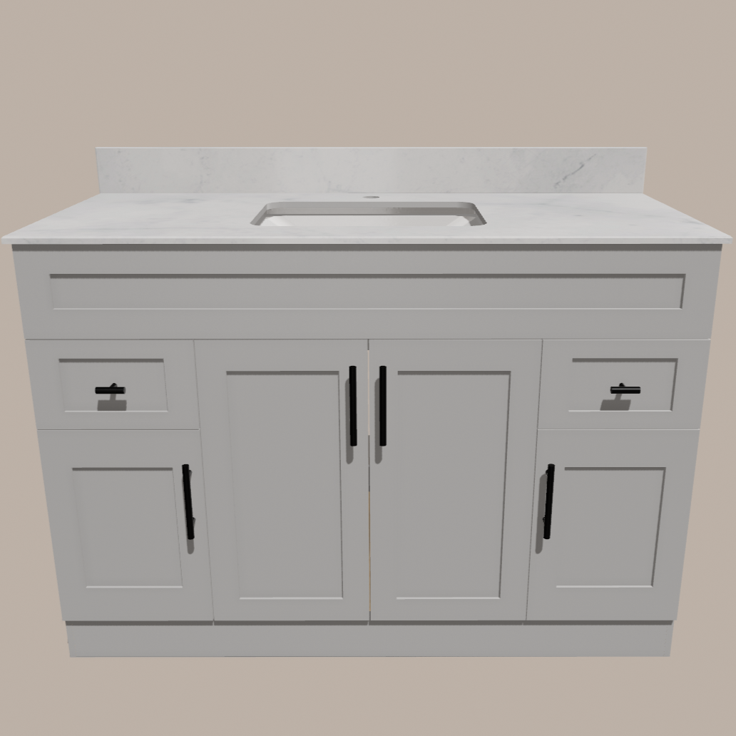 48-Inch Shaker Bathroom Vanity — White or Gray | Plywood Cabinet, Solid-Wood Doors, Soft-Close 3-Way Clip-On Hinges