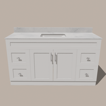 60-Inch Single Sink Shaker Bathroom Vanity — White or Gray | Plywood Cabinet, Solid-Wood Doors, Soft-Close 3-Way Clip-On Hinges | 4 Drawers, Center Double Doors