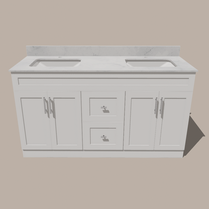 72-Inch Double Sink Shaker Bathroom Vanity — White or Gray | Plywood Cabinet, Solid-Wood Doors, Soft-Close 3-Way Clip-On Hinges | Center 2 Drawers