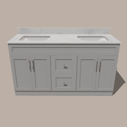 72-Inch Double Sink Shaker Bathroom Vanity — White or Gray | Plywood Cabinet, Solid-Wood Doors, Soft-Close 3-Way Clip-On Hinges | Center 2 Drawers