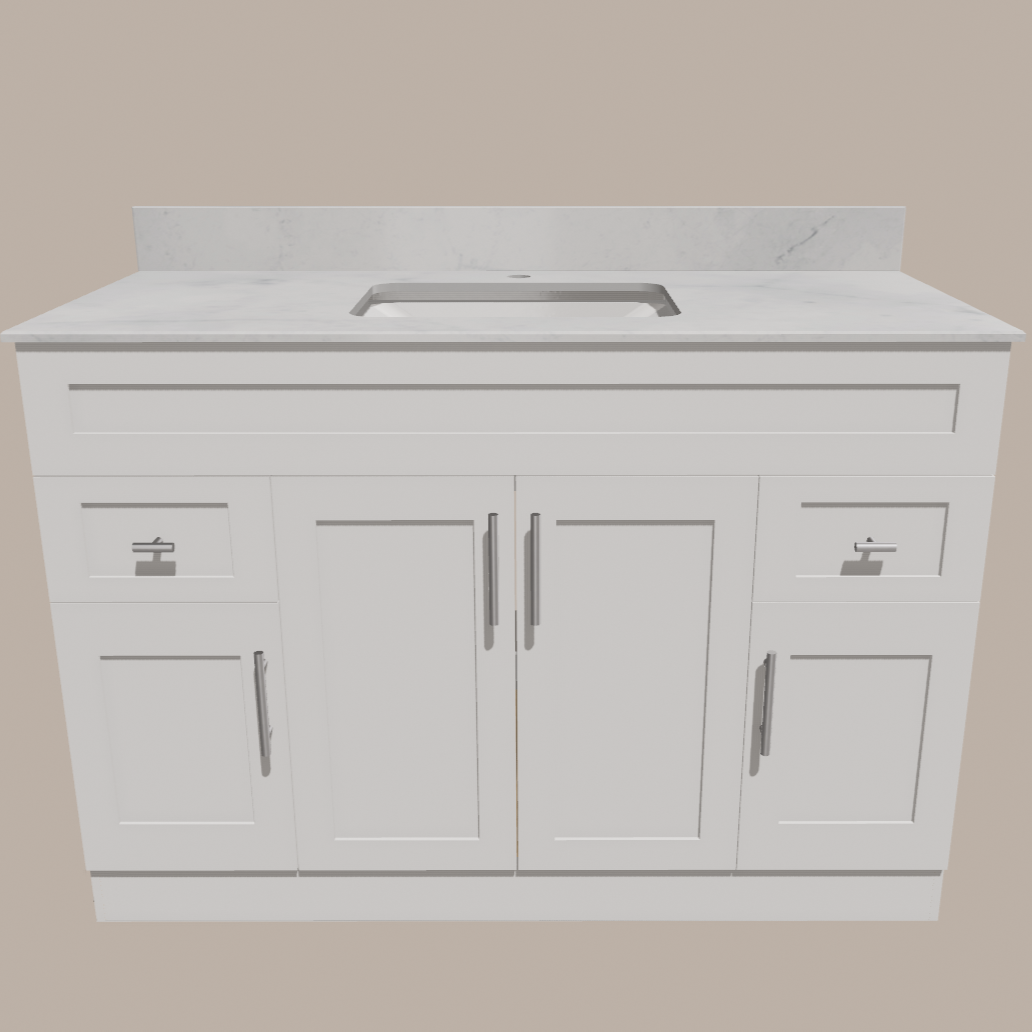 48-Inch Shaker Bathroom Vanity — White or Gray | Plywood Cabinet, Solid-Wood Doors, Soft-Close 3-Way Clip-On Hinges