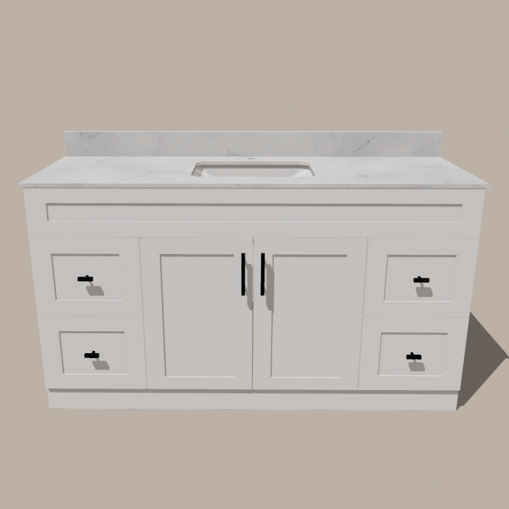 60-Inch Single Sink Shaker Bathroom Vanity — White or Gray | Plywood Cabinet, Solid-Wood Doors, Soft-Close 3-Way Clip-On Hinges | 4 Drawers, Center Double Doors